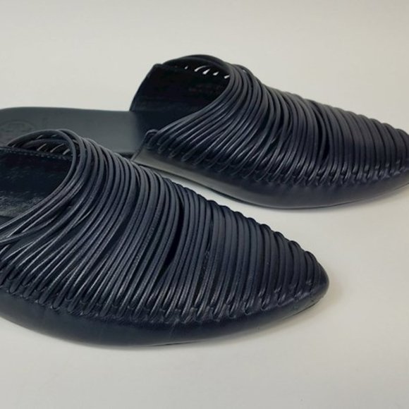 TORY BURCH Sienna Woven Leather Pointy Toe Mule Shoes Slip on Navy Blue 8 - Picture 4 of 9